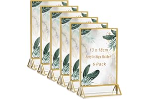 MAJOYLIFE Goldener Doppelseitiger Bilderrahmen 6 Stück,Acryl-Tischnummern Hochzeit Gold,Klare Doppelseitige Tischkartenhalter für Tischplan/Fotos Display/Restaurant/Cafe(13x18cm)