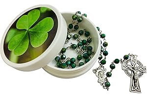 Westmon Works Irish Shamrock Rosary Saint Patrick's Prayer Set with Green Ireland Beads Metal Celtic Crucifix and Holy Card in a Case, Acrylic, No Gemstone