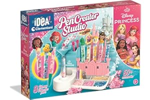 Clementoni Idea - Laboratorio delle Penne Disney Princess, Kit Creativo per Bambini 6+ Anni, con 50+ Accessori e 8 Penne Personalizzabili, Lingua Italiana, 18202