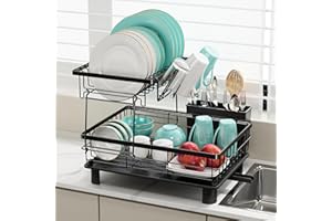 MAJALiS Egouttoir Vaisselle de 2 Niveaux, Egoutoire Vaisselle Cuisine en Acier Inoxydable avec Porte-Ustensiles, Noir Séchoir à Vaisselle Rangement Vaisselle avec Vidange