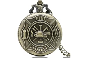 Designer Inspirations Boutique ® Fireman/Firefighter 3D Brushed Bronze Effect Antiqued/Vintage Case Men's Quartz Pocket Watch Necklace - On 32" Inch / 80cm Chain