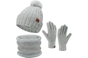 ZASFOU Womens Winter Beanie Hats Scarf Neck Warmer Touchscreen Gloves Set Warm Fleece Lined Chenille Knit Skull Caps