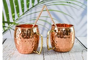 India House Juego de vasos Moscú Mule de 16 onzas | Juego de copas de cóctel | 100% cobre con mango de latón | Vasos de cobre (Juego de 2 vasos - Mango de latón (2 posavasos, 2 pajitas gratis)