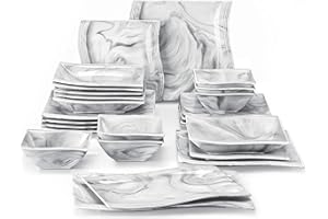 MALACASA Plates and Bowls Set, 26-Piece Dinner Sets with 6-Piece Dinner Plate/Soup Plate/Dessert Plate/Bowl and 2 Serving Platters, Marble Grey Porcelain Dinnerware Set Service for 6, Series Flora