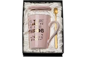 DOUBLEWHALE Valentines Gifts for Her Girlfriend, You Make My Knob Throb Mug, Valentines Gifts for Wife, 14oz Pink Ceramic Coffee Mug with Golden Printed, Cute Gifts for Girlfriend Wife on Birthday, Anniversary