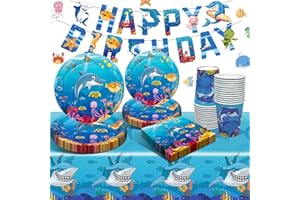 Puosike Unterwasser Deko Partygeschirr Set, Unter dem Meer Party Deko Geburtstag, Unterwasserwelt Kindergeburtstag Party Deko, Geburtstagsdeko Pappteller Teller Tassen Servietten Banner 20 Gäste