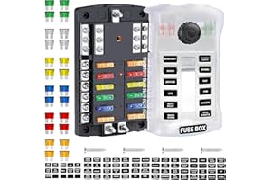 TOPCLOUD 300A 12 Way Blade Fuse Block, 12 Circuits Boat Fuse Box Panel with Dual Positive Power Inputs and Negative Bus, Standard ATC/ATO Fuse Holder with LED Indicator, for 12V/24V Car Truck Marine