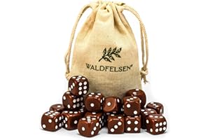 Waldfelsen 6, 12, 20, 30 o 50 dadi di alta qualità, dimensione standard 16 mm, dadi in acrilico, dadi per giochi di abilità, 6 lati, accessori da gioco, set con sacchetti in tessuto (marrone, 20 pezzi