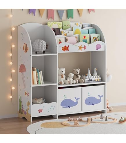 en.casa] Kinderrek Vipsali speels huisvormig opbergmeubel voor kinderkamer speelgoed boeken en knutselspullen 107x83x30 cm wit en roze