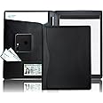 Leather Portfolio Folder Padfolio A4 Document Organizer with Card File Pad Pockets Interview Resume Conference Executive Writing Folder for Business Office School Conference Letter Presentation Black