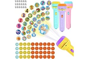 GOMETY Lot de 4 lampes de poche pour enfants, projecteur de diapositives, jouet avec 80 motifs d'animaux, dinosaures, véhicules, fruits et chiffres, lampe de poche, cadeau