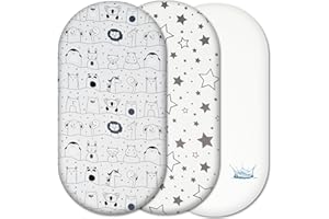 SELEMAVI Moses Basket Fitted Sheets Set – 100% Cotton, 3pc Moses Basket Bedding Set with 2 Fitted Sheets & 1 Waterproof Mattress Protector – to fit Moses Baskets, Bassinets & Prams mattress up to 76x36cm