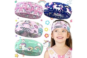 Soundzero 4 Pièces Fille Headband, Headband Serre Tête Élastique Licorne, Bandeaux Large Cheveux Fille, Bandeau Respirant pour Filles, Forme Licorne Dessin Animé Serre Tête Élastique (Licorne)
