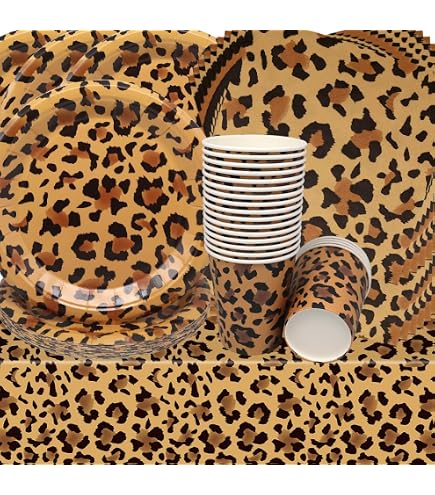 Decorazioni per feste di compleanno con ghepardo con stampa leopardata, tra cui striscione di buon compleanno, decorazioni per torte da appendere