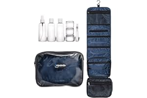 TRAVANDO Trousse de Toilette Flexi à Suspendre + Sac Transparent + 7 Pots, Contenants, Bouteilles pour l’Avion | Set, Kit de Voyage Cosmétiques pour Hommes et Femmes