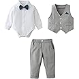 Amissz Baby Boy Clothes Outfit Suits 3-24 Months, Infant Gentleman Long Sleeve Romper Jumpsuit+Pants+Bow Tie Formal Tuxedo Clothing Set for Boys