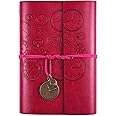 Leather Notebook, Refillable Journal Notebook with Lined Pages Vintage Writing Travelers Notebook Spiral Bound Journal, Gift for Men and Women Classic Embossed Retro Pendants 18 x 13 cm（A6, Rose Red)