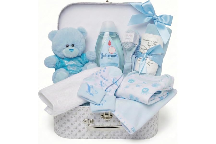 Baby Box Shop Newborn Baby Boy Gift Hamper Set - Newborn Essentials with Blue Teddy Bear, Bodysuit & Muslin Cloth in a White Keepsake Box - Baby Shower Gift and Christening Gift for New Arrival