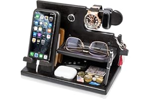 Teslyar Docking Station in legno per smartphone Supporto portafoglio Supporto orologio Regalo da uomo Marito Moglie Natale Regalo per papà Supporto da comodino Legno massello in frassino (Nero)