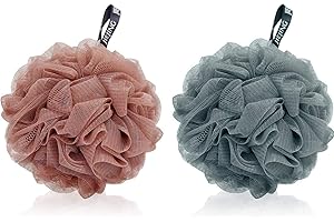 DIQC 2 Pack Shower Sponge Exfoliating Bath Shower Body Puff Scrunchie Mesh Pouf Bathroom Sponge Skin Exfoliating Shower Sponge Mesh Loofah Sponge Shower Ball Soft Bath Sponge (Brown & Blue)