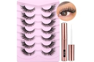 Cat Eye Lashes with Lash Glue Natural False Eyelashes Fluffy Wispy Faux Mink Lashes 15MM Strip Eyelashes Extensions Look, 7 Pairs with 5ML Eyelash Glue by PHKERATA
