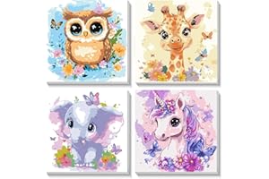 SUNXBUK Pintar por Numeros Niños,4 Pcs Pintura por Numeros Animales con Marco,Kawaii Cuadros para Pintar por Numeros 6 7 8 9 10 Años Niños,DIY Cuadro ArtesaníAs de Arte(20 * 20cm)