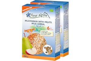 Ekologiczna kaszka wielozbożowa z owocami FLEUR ALPINE Zestaw 2, Kleik dla niemowlaka z bifidokulturami, Pożywna i łatwa w przygotowaniu kaszka bez dodatku cukru, Dla dzieci od 6 mies., 2x5 porcij