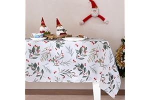 RYB HOME Nappe Noel - Nappe Rectangulaire Blanche et Vert Anti Tache 140x300 cm Couverts de Table Imperméable Facile à Entretien pour Decoration Salle à Manger Salon Jardin, Houx Noel