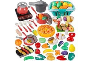 MQVXT Set Accessori Cucina per Bambini - 108 Pezzi con Fornello a Induzione, Taglio Cibo Verdura, Giocattoli da Cucina - Giochi di Ruolo 3+ Anni