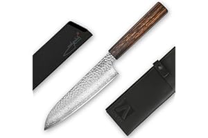 REDSALT® Professional Series SANTOKU 三德 couteau de chef 18 cm | 69 couches Damas fabriqué à la main au Japon | Couteau professionnel de cuisine à lame martelée en acier inoxydable extra tranchant