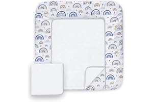 Balbina Wickeltischauflage aus Baumwolle, waschbare Unterlage zum Wickeln, Wickelauflage mit austauschbarem Frotteebezug, widerstandsfähig & robust, 70 x 75 cm, Regenbogen, Blau