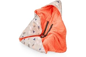 BABY-PLUM Babydecke MINKY mit Kapuze 90x90 cm Einschlagdecke Babyschale Kinderwagen Decke (Schwäne auf Grau/Lachs)