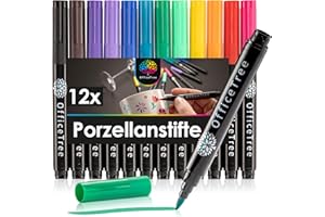 ‎OFFICETREE OfficeTree 12 x Porzellanstifte Spülmaschinenfest - 12 Farben - Pinselspitze - Glas und Porzellanstifte auf Wasserbasis - Keramikstifte spülmaschinenfest für Porzellan, Keramik & Glas - Porcelain Pen