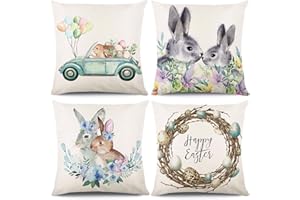 KIKISML Easter Cushion Covers 18x18 Inch, Set of 4 Cotton-Linen Spring Throw Pillowcase, Cushion Cover for Home Decor, Easter Decorations (Truck Style)
