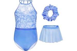 Gogokids Girls 3 PCS Halter Gymnastics Set, Kids Gymnastics Leotard with Rhinestone & Mesh Floral Design, Sparkling Ballet Unitards Includes Leotard, Chiffon Skirt & Hair Tie Gymnastics Gifts for 3-12