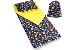 PinkZebra Schlafsack Kinder 140 x 75 cm + Kissenbezug 60 x 40 cm & Beutel, Indoor für Kindertagesstätte Kindergarten Deckenschlafsack, 3-8 Jahre (bis 135 cm Kindergröße), Öko-Tex, Kosmos