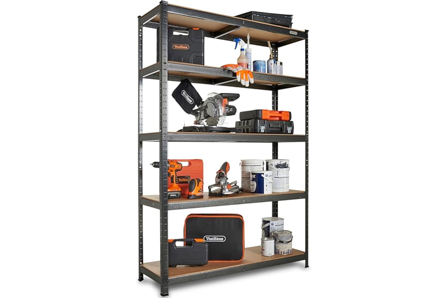 VonHaus Garage Shelving Units - 5-Tier Garage Storage Shelves with 1325KG Capacity - Extra Wide Shelving Units for Storage with Adjustable Layout - Heavy Duty Racking - 180 x 120 x 40 cm