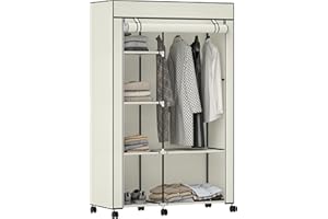 HOMCOM Armario de Tela con Ruedas, Armario Portátil, con Barra para Colgar, 6 Estantes, Marco de Acero, para Dormitorio, Vestidor, 103x43x162,5 cm, Crema