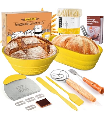 GIGPADE Complete zuurdesem starterset: 15 stuks zuurdesembrood bakbenodigdheden, 2 siliconen broodwerende mand, 34 oz zuurdesem starterkit, deeggarde, borstel, snijder, brood lame, broodsjablonen