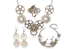 Ourdort 4 Stück Steampunk Accessoires Damen, Steampunk Kostüm Zahnräder Halskette Ohrringe Armband Ring Vintage Metall Zahnrad Steampunk Zubehör Gothic Schmuckzubehör Set für Fasching Karneval Kostüm