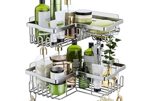 HapiRm Corner Shower Caddy Silver - Shower Caddy Corner Shelves with 11 Hooks, Shower Organiser for Razor soap & shampoo, Bathroom & Kitchen Storage Bath Accessories Stainless Steel, 6 Sticker, 2 pcs