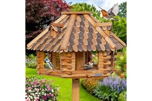 VOSS.garden Großes Vogelhaus Herbstlaub, Imprägniertes Holz, 50cm Durchmesser Futterplatte, Mit Sitzstangen für Vögel, Vogelhaus Vogelvilla Futtervogelstation