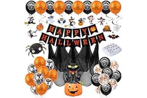 JOTOL Halloween Décorations Ballons,Kit de décoration pour Halloween,Joyeux Halloween Bannière Citrouille Chat Noir,100 g de coton araignée blanc + 20 araignées,pour Fournitures de Fête à la