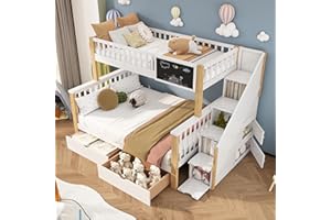 Becag Kinderbett 90x200 & 140x200 Etagenbett, Hochbett mit Tafel und Schubladen Stauraum, Hausbett Holzbett mit Rausfallschutz und Lattenrost, Multifunktionales Doppelbett, ohne Matratze (Weiß&Natur)