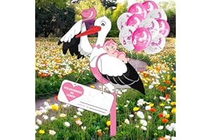 SHENGRUILI Klapperstorch Baby Rosa,Klapperstorch zur Geburt Draußen+10Pcs Neugeborene Balloon,Storch Geburt für Draussen Mädchen,Beidseitig bedruckt,Geburtsstorch inkl Holzstab+ Namensschild Grußkarte