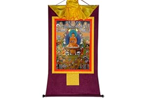 Gandhanra Thangka Tibetano - Shakyamuni e diciotto Arhat Thangka - Arazzo di Buddha a Stampa Dorata per Decorazione Zen, Meditazione, Rilassamento Spirituale e Pace