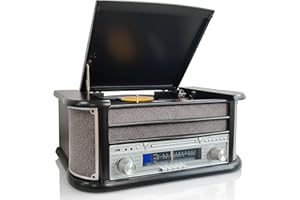 Denver 8-in-1 CD Bluetooth Cassette Player Retro Wooden Record Player HiFi System – 3 Speed Vinyl Turntable & Cassette With CD Player, FM/AM Radio, MP3 USB Recording, AUX IN And Line Out – MCR-50BT