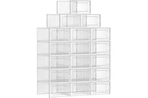 SONGMICS Boîtes à Chaussures, Lot de 18, Rangement Chaussures, Pliable, pour Pointure Jusqu’à 44, Transparent et Blanc LSP18SWT