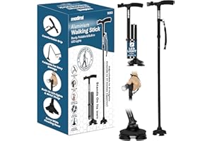 MEDITAL Folding Walking Stick with LED Light - 84.5-94.5cm Adjustable Walking Cane - Foldable Walking Stick for Men & Women with Extra Wide Pivoting Base - Comfortable Grip