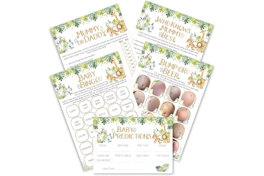 Pink Bee Baby Shower Games Bundle, Safari Theme, Baby Bingo, Baby Predictions, Who Knows Mummy Best, Mummy or Daddy and Bump or Beer Belly, 5 Fun Games for 10 Guests Gender Reveal